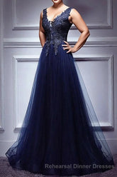 Dark Blue Lace V Neck Long Semi Formal Prom Dress, Lace Evening Dress